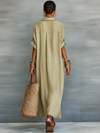 Linen Blend Maxi Dress Women UK – Short-sleeved Shirt Dress, Wedding Guest & Garden Party