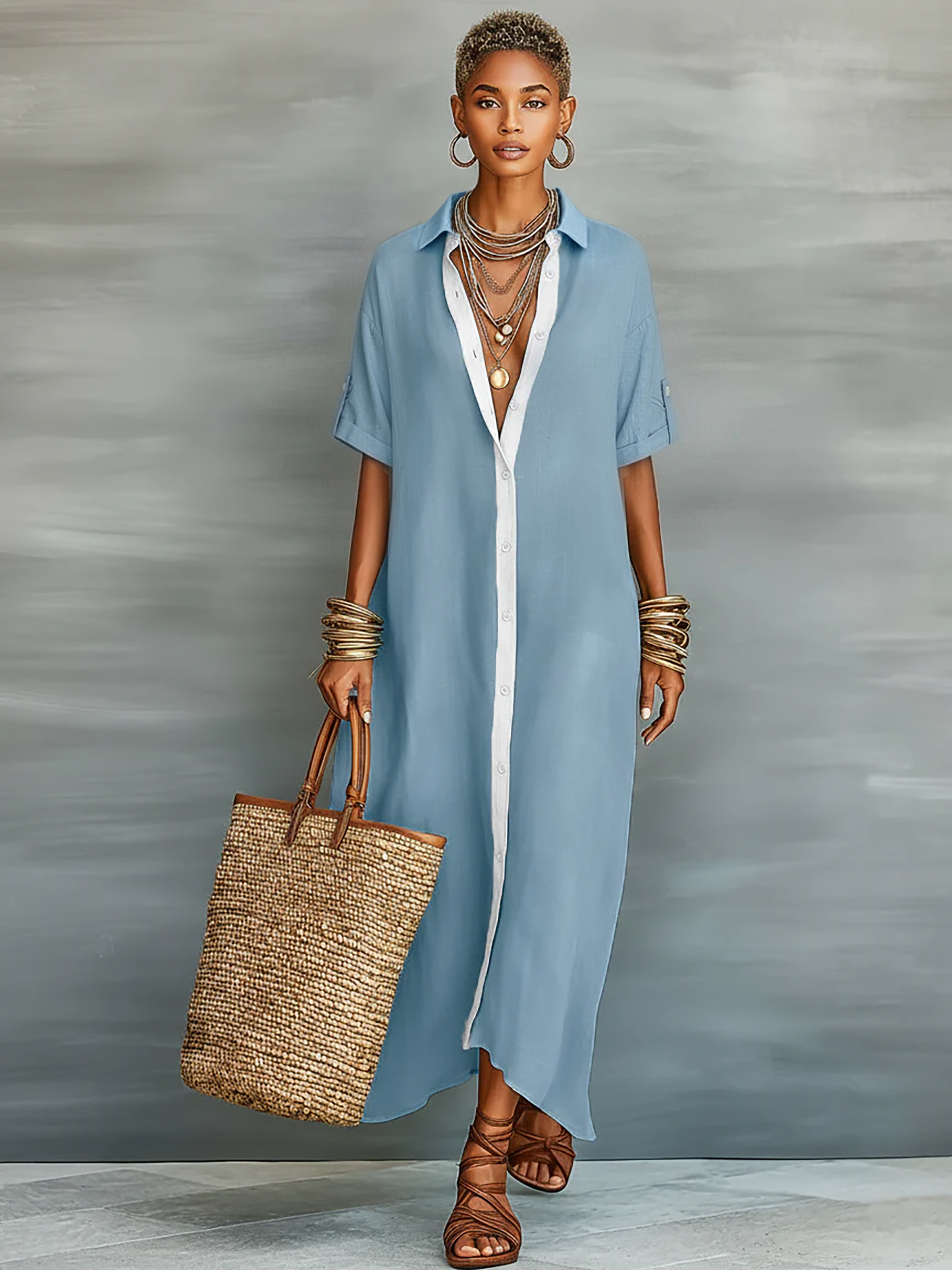 Linen Blend Maxi Dress Women UK – Short-sleeved Shirt Dress, Wedding Guest & Garden Party