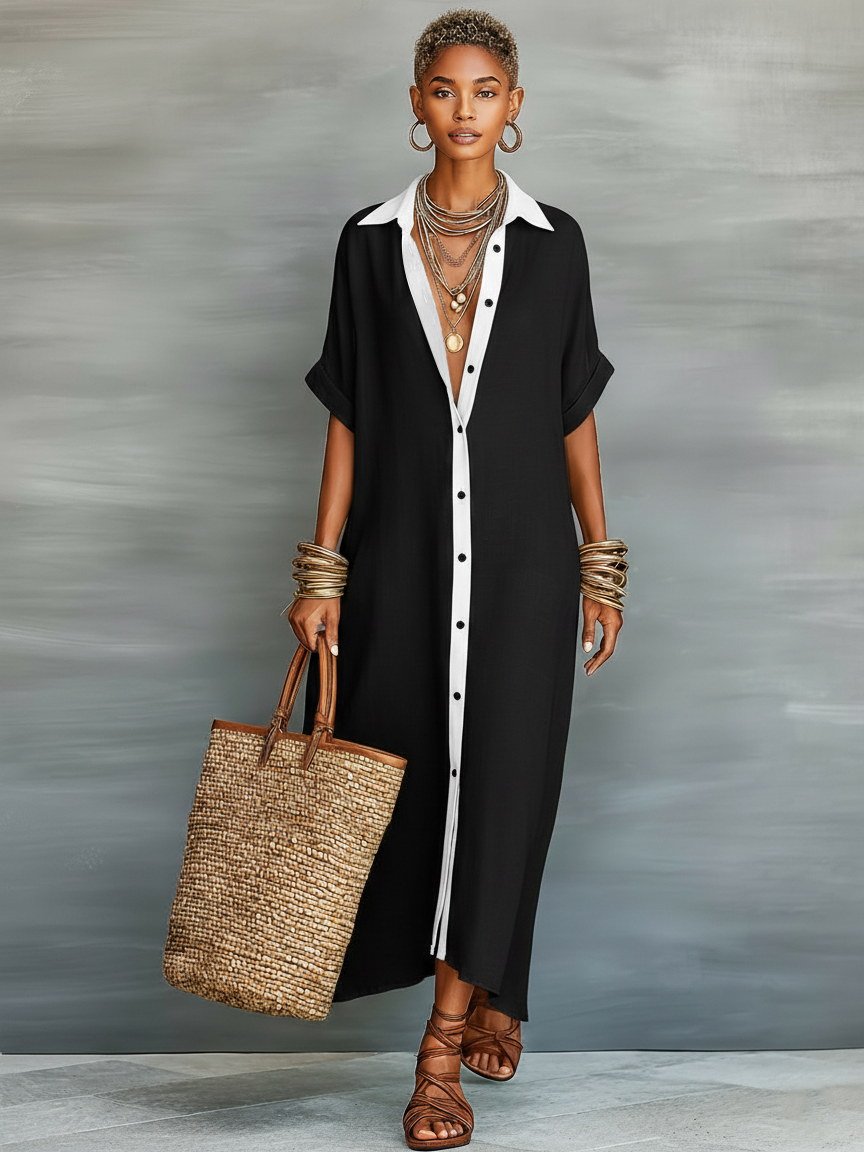Linen Blend Maxi Dress Women UK – Short-sleeved Shirt Dress, Wedding Guest & Garden Party