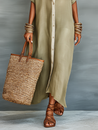 Linen Blend Maxi Dress Women UK – Short-sleeved Shirt Dress, Wedding Guest & Garden Party