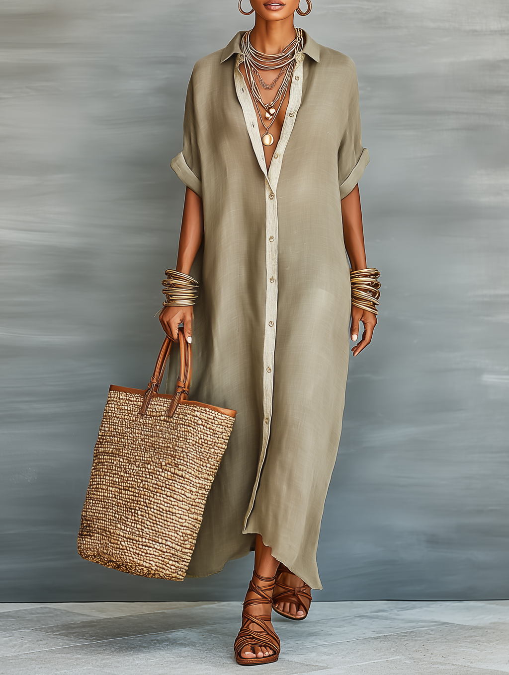 Linen Blend Maxi Dress Women UK – Short-sleeved Shirt Dress, Wedding Guest & Garden Party