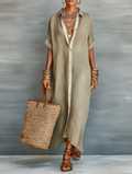 Linen Blend Maxi Dress Women UK – Short-sleeved Shirt Dress, Wedding Guest & Garden Party