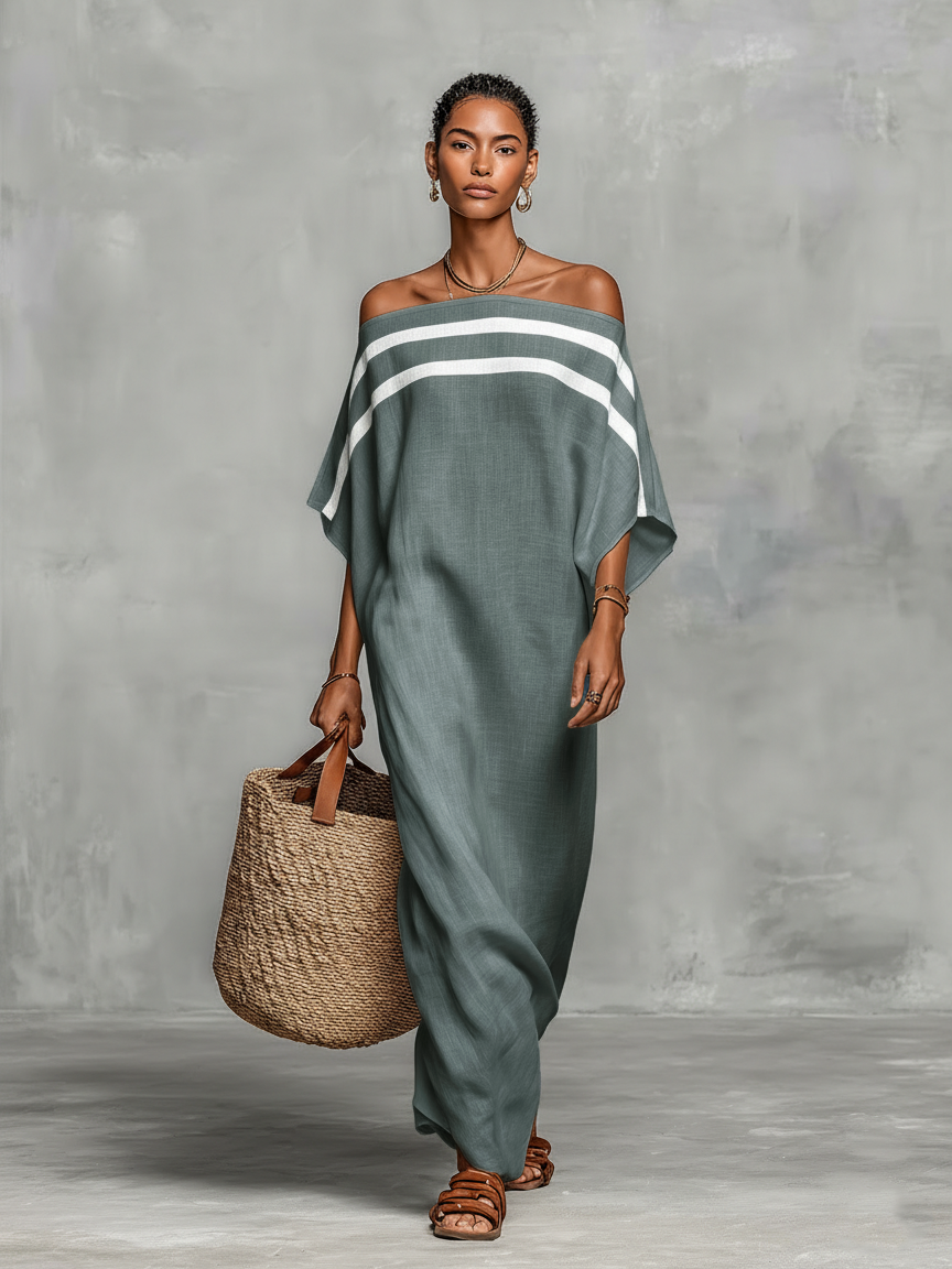 Linen Blend Off-the-shoulder Maxi Dress Women UK – Wedding Guest Garden Party Evening Gown, Resort Holiday