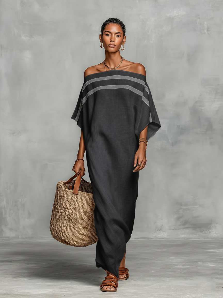 Linen Blend Off-the-shoulder Maxi Dress Women UK – Wedding Guest Garden Party Evening Gown, Resort Holiday