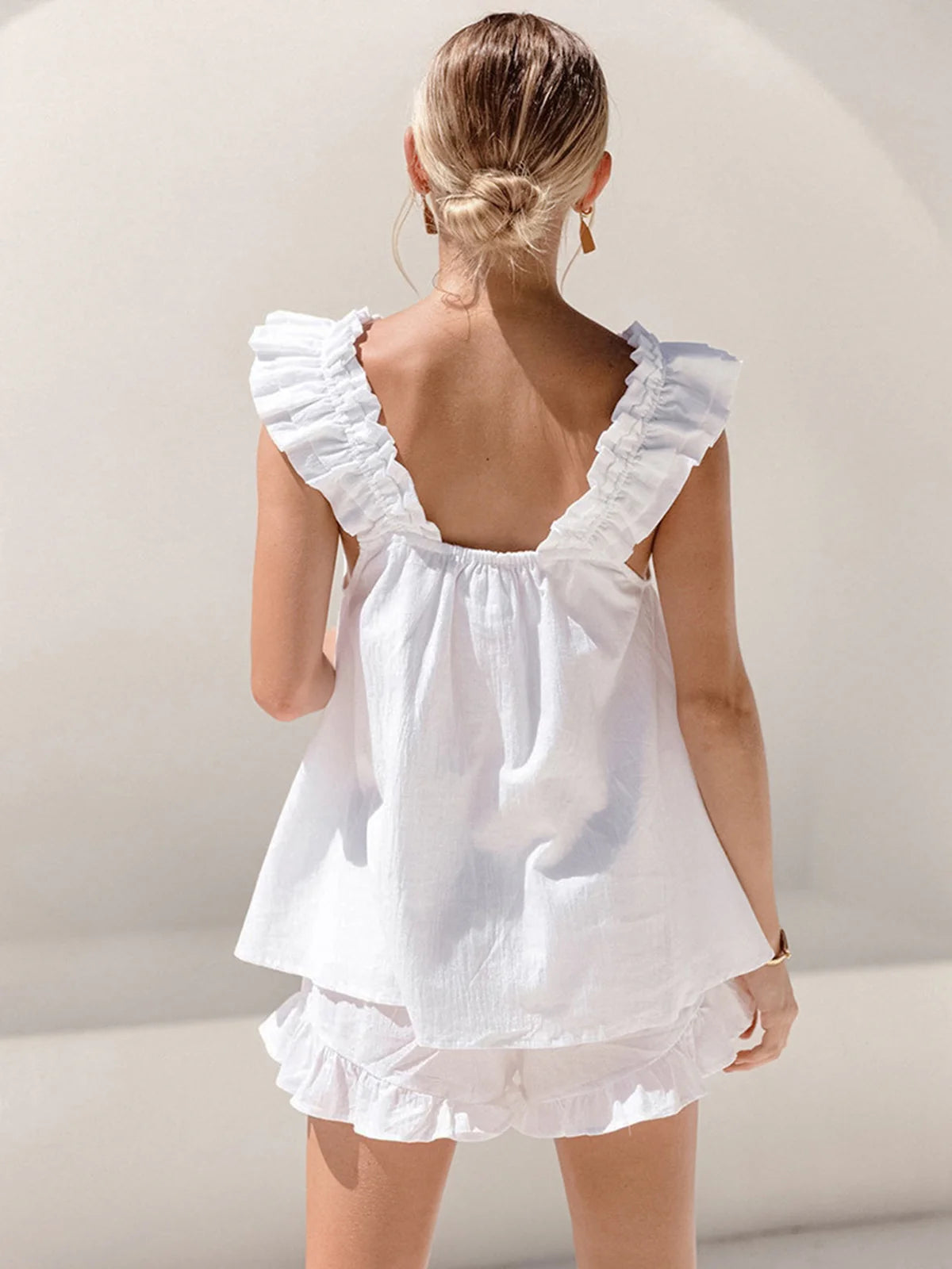 Linen Blend Ruffle Shorts Set for Women - Casual Summer Outfit