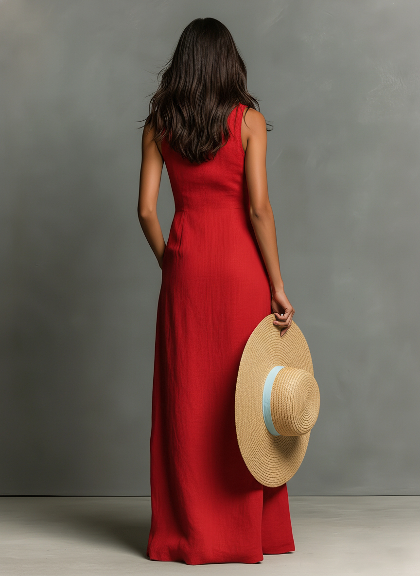 Linen-Blend Sleeveless Maxi Shirt Dress Women UK – Minimalist Collared Dress, Wedding Guest & Garden Party