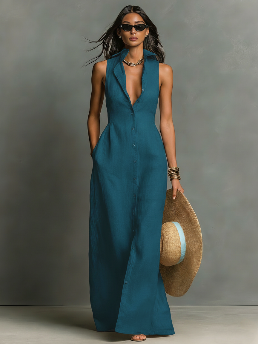 Linen-Blend Sleeveless Maxi Shirt Dress Women UK – Minimalist Collared Dress, Wedding Guest & Garden Party