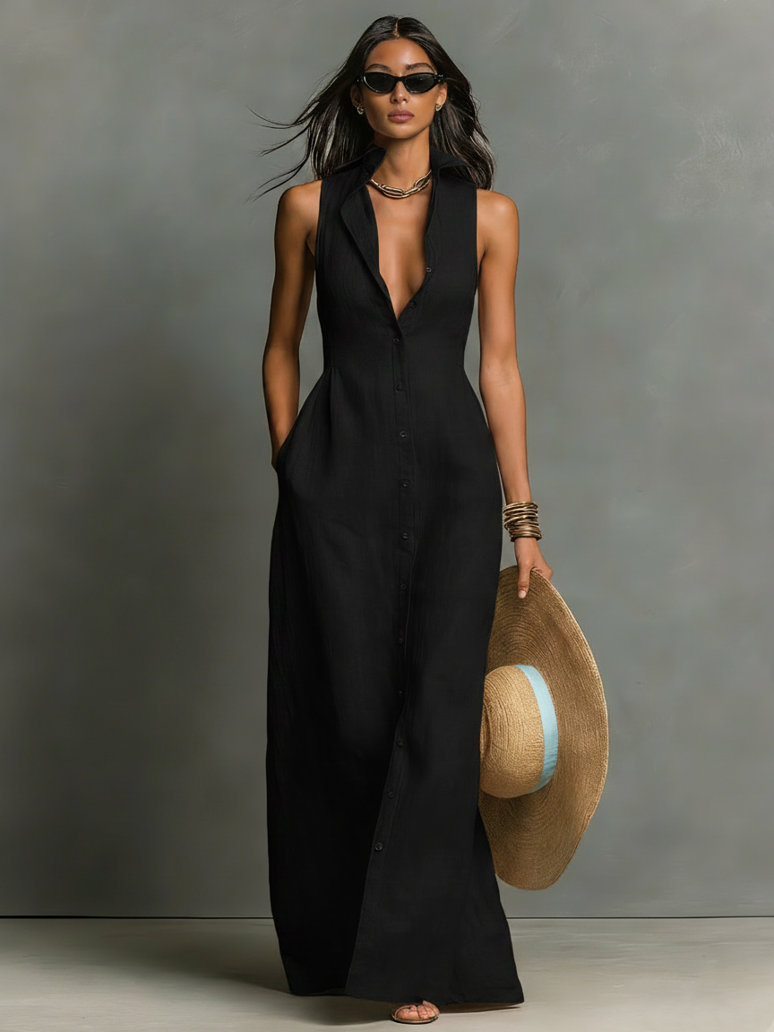 Linen-Blend Sleeveless Maxi Shirt Dress Women UK – Minimalist Collared Dress, Wedding Guest & Garden Party