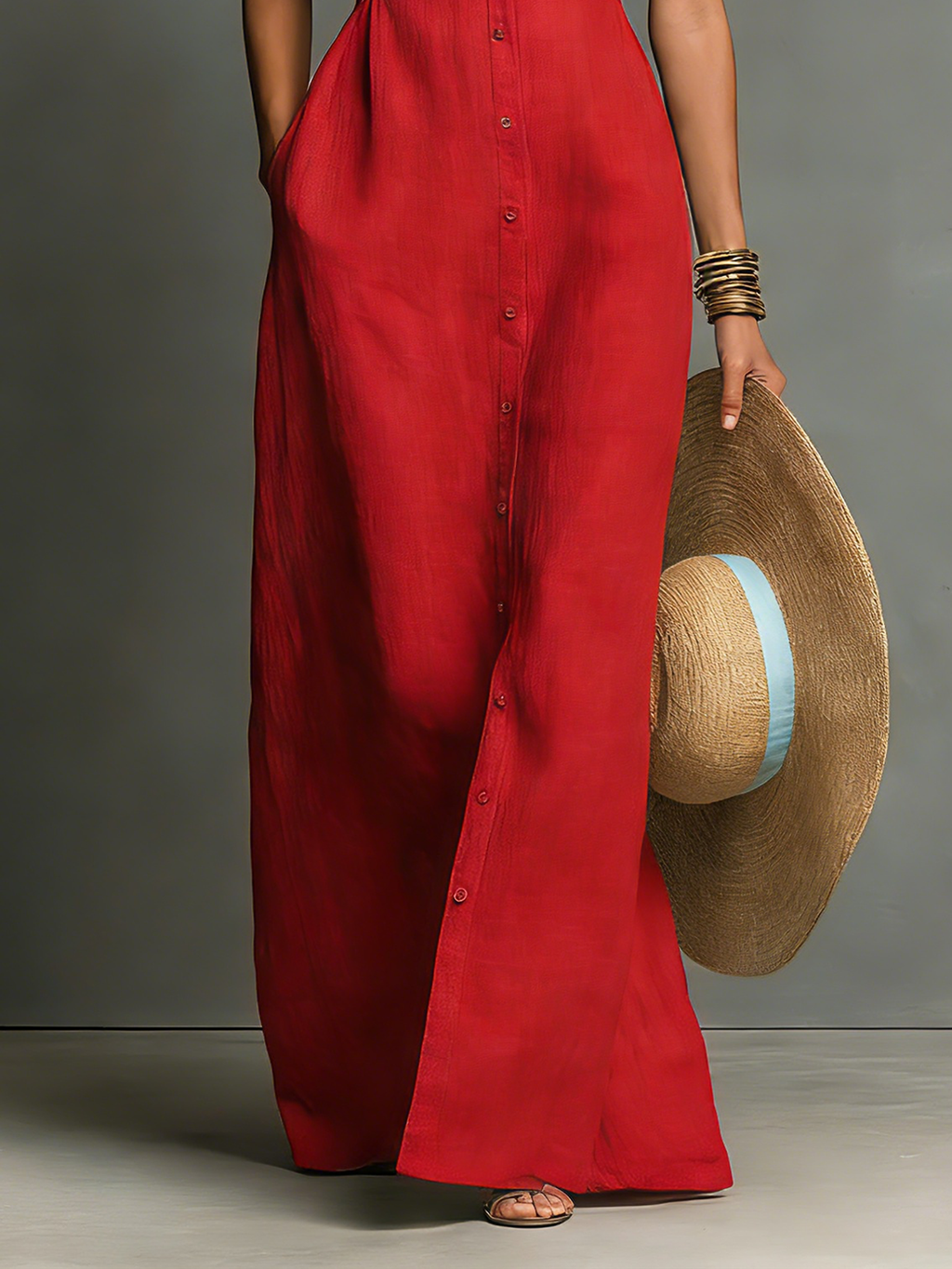 Linen-Blend Sleeveless Maxi Shirt Dress Women UK – Minimalist Collared Dress, Wedding Guest & Garden Party