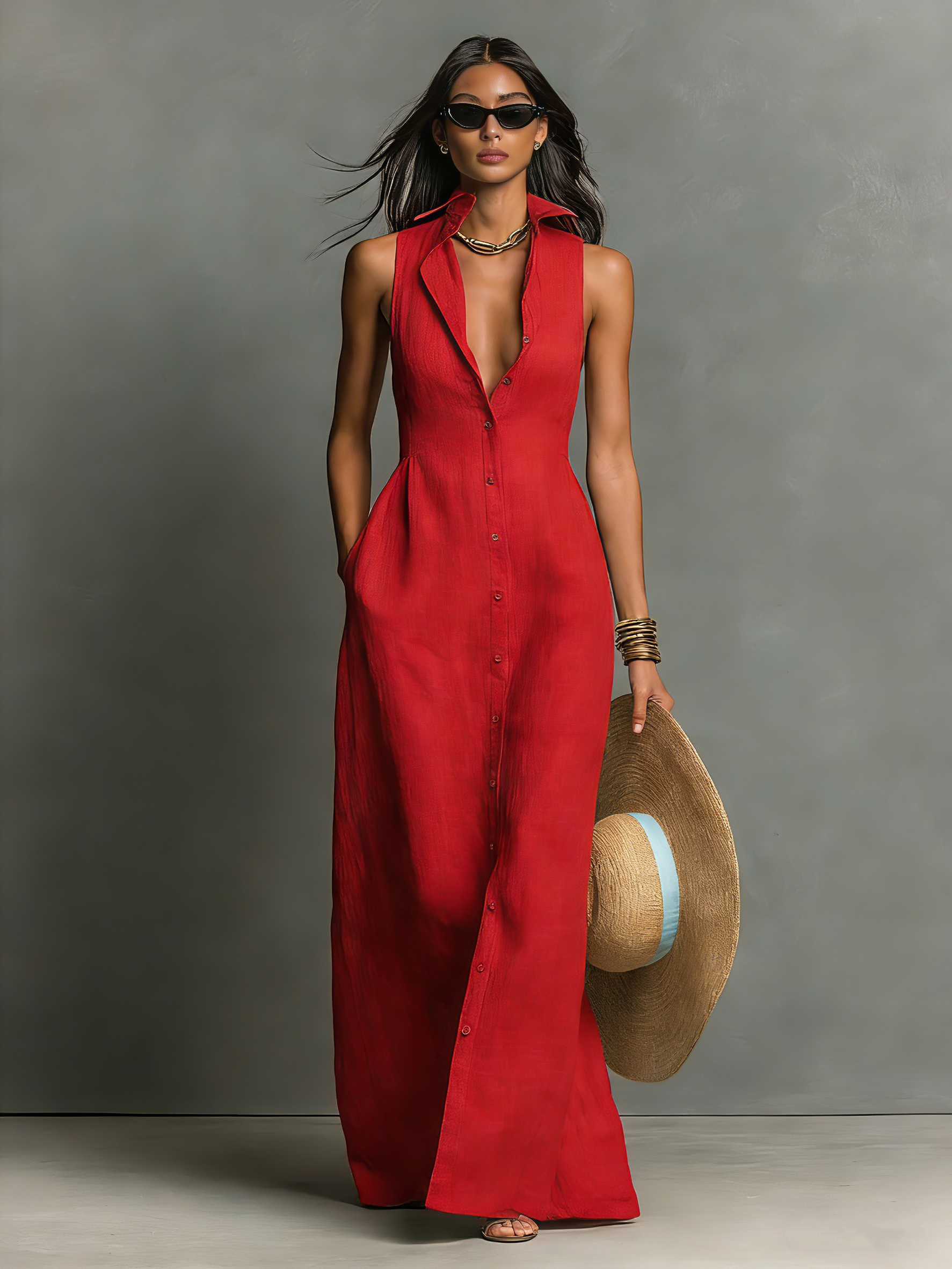 Linen-Blend Sleeveless Maxi Shirt Dress Women UK – Minimalist Collared Dress, Wedding Guest & Garden Party