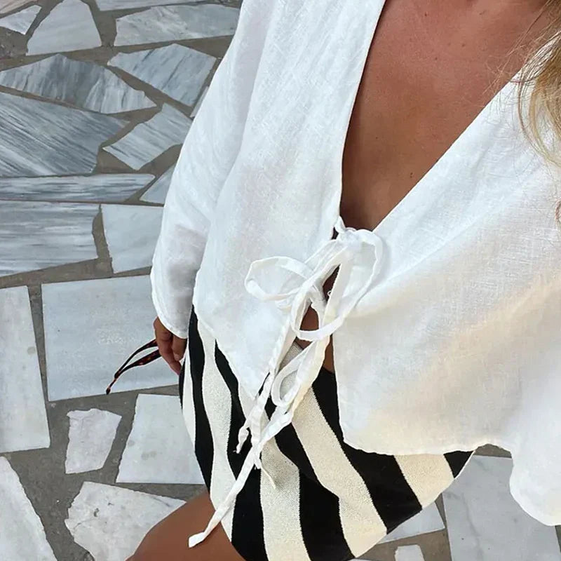 Linen Front-Tie Top for Women - Casual Summer Style in Sicily Design
