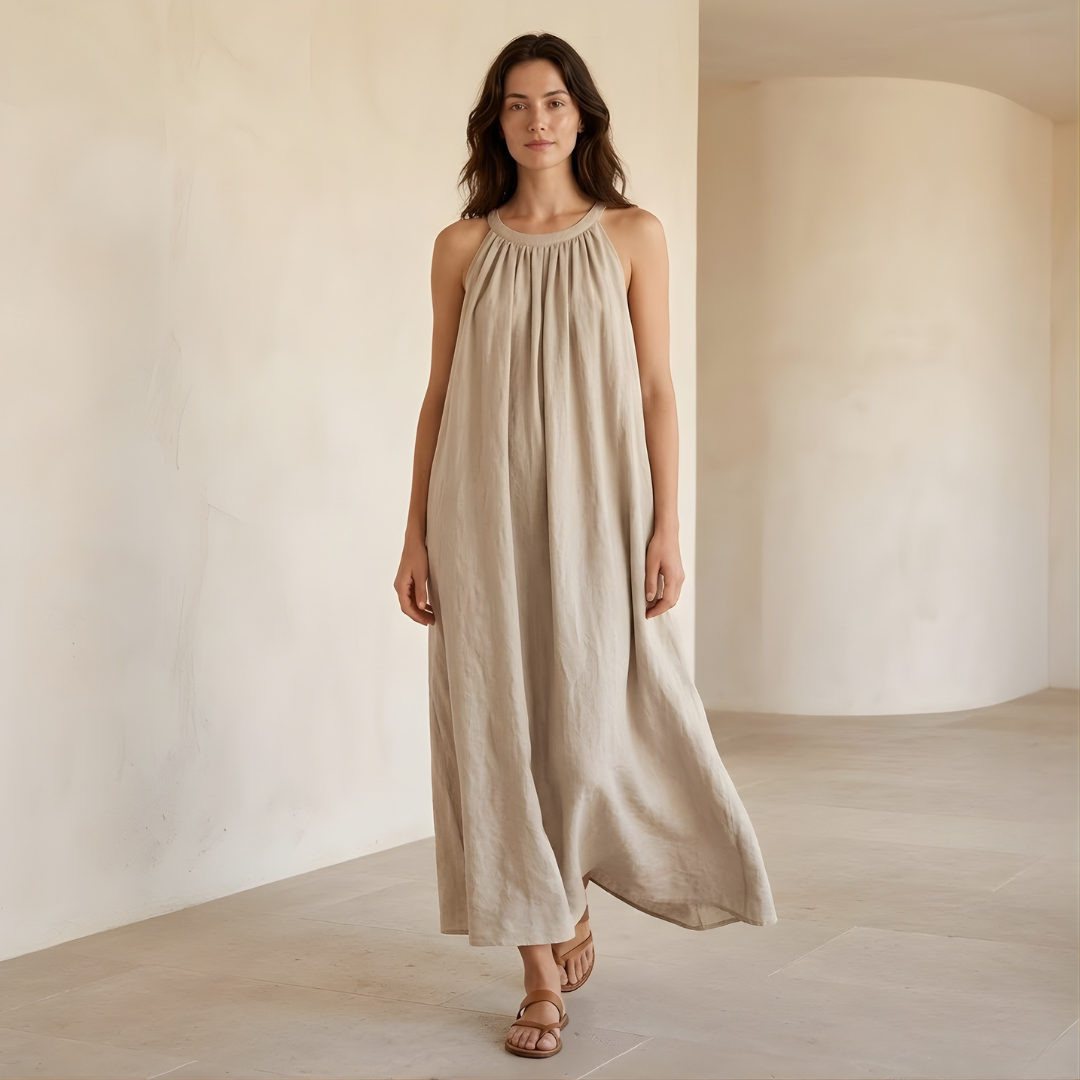 Linen Halter Neck Maxi Dress for Women - Loose Fit Summer Casual Wear