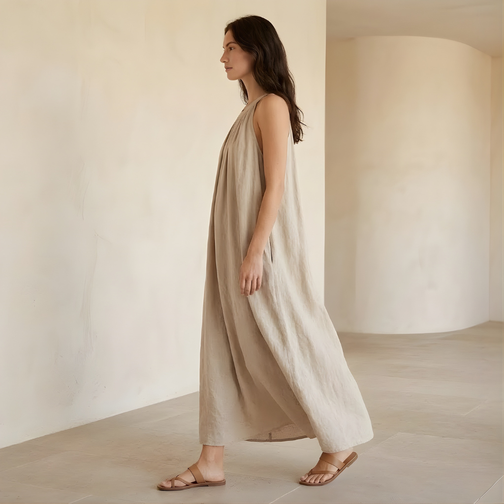 Linen Halter Neck Maxi Dress for Women - Loose Fit Summer Casual Wear