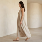 Linen Halter Neck Maxi Dress for Women - Loose Fit Summer Casual Wear