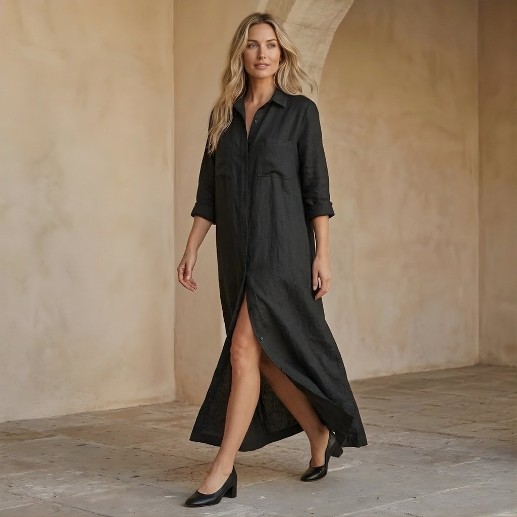 Linen Maxi Shirt Dress for Women - Button Front, Casual Summer Style