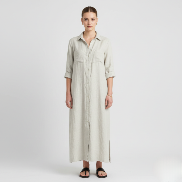Linen Maxi Shirt Dress for Women - Button Front, Casual Summer Style