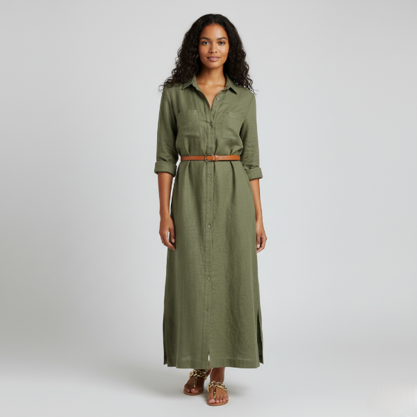 Linen Maxi Shirt Dress for Women - Button Front, Casual Summer Style