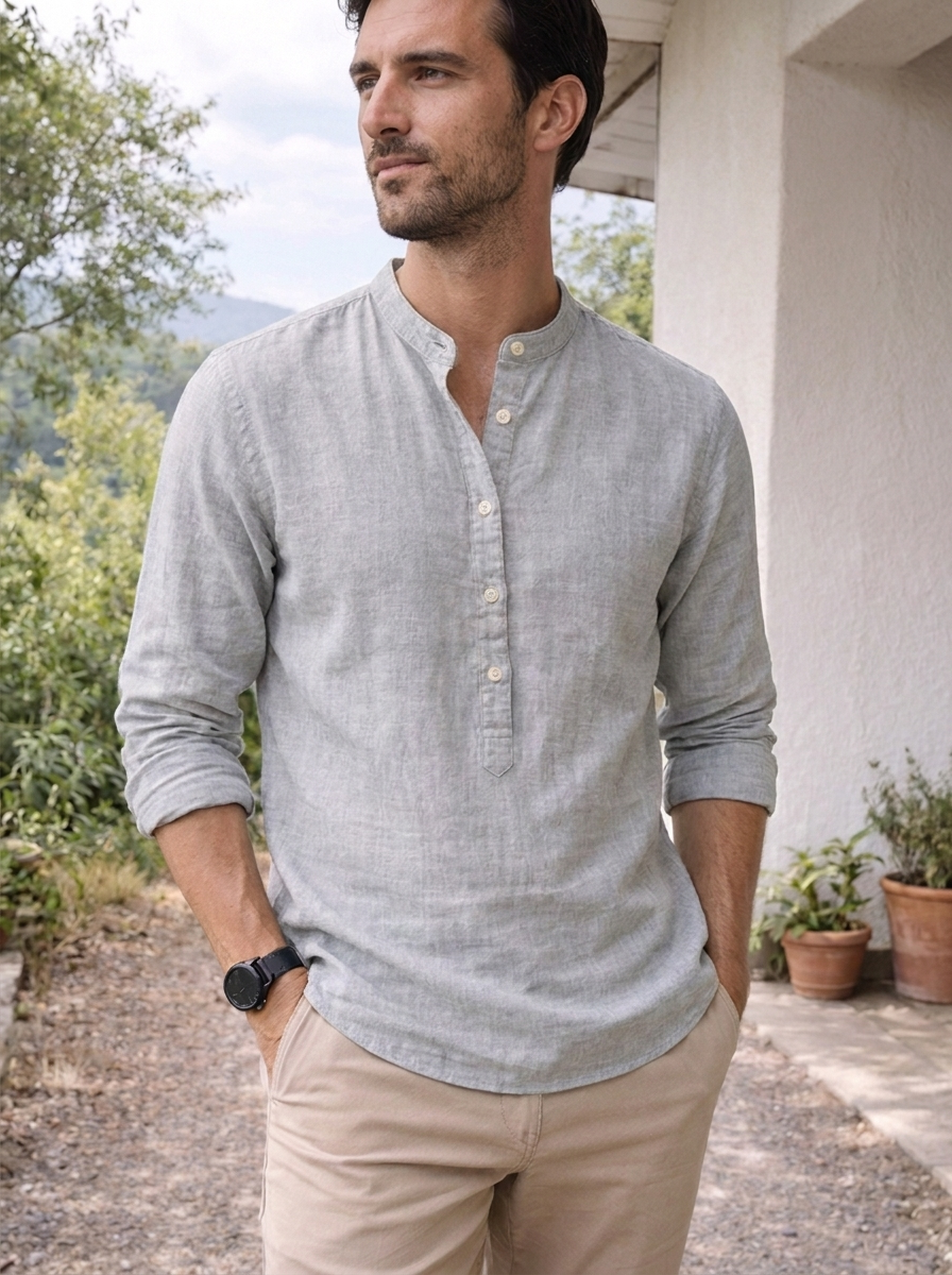 Linen Men's Grandad Collar Shirt UK – Lightweight Summer Shirt, Smart Casual Holiday Wear