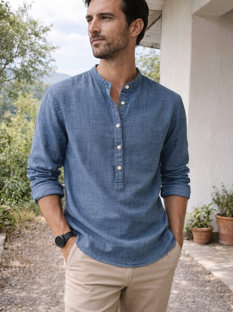 Linen Men's Grandad Collar Shirt UK – Lightweight Summer Shirt, Smart Casual Holiday Wear