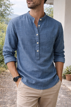 Linen Men's Grandad Collar Shirt UK – Lightweight Summer Shirt, Smart Casual Holiday Wear