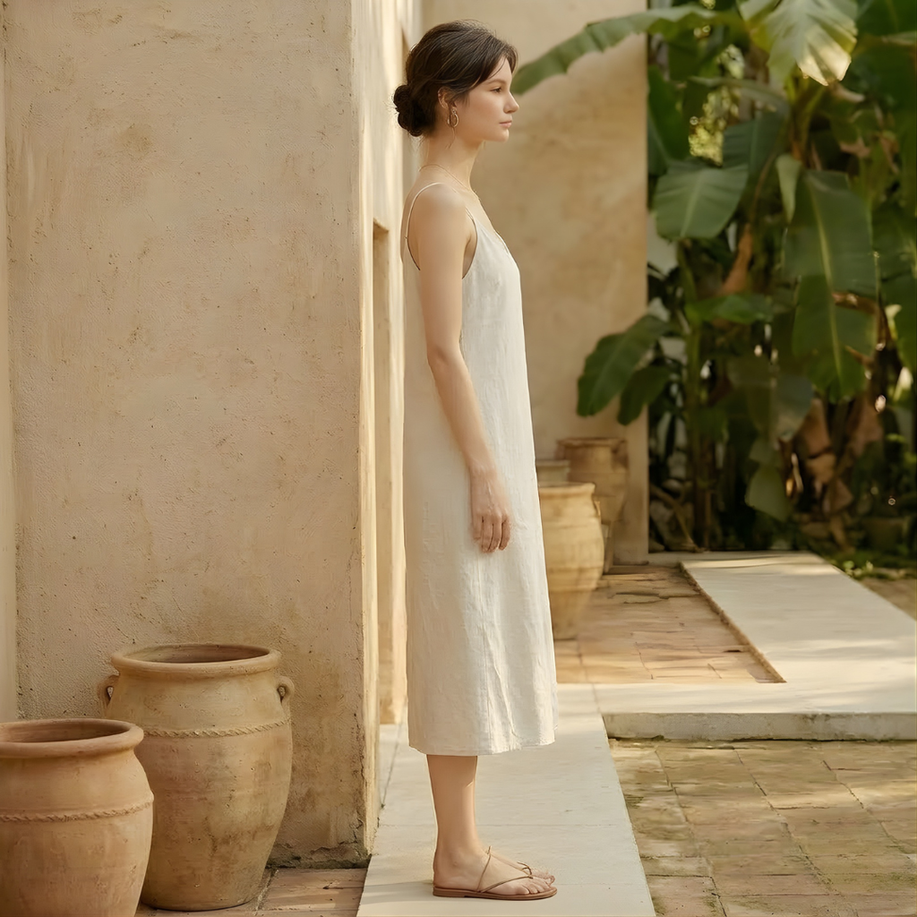 Linen Midi Slip Dress for Women - Summer Casual Wear, Lightweight and Breathable