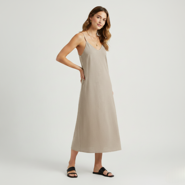 Linen Midi Slip Dress for Women - Summer Casual Wear, Lightweight and Breathable