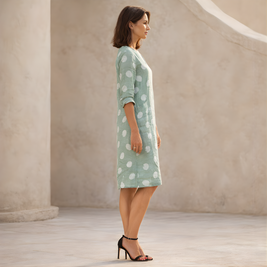 Linen Polka Dot V-Neck Mini Dress for Women - Casual Tunic Style