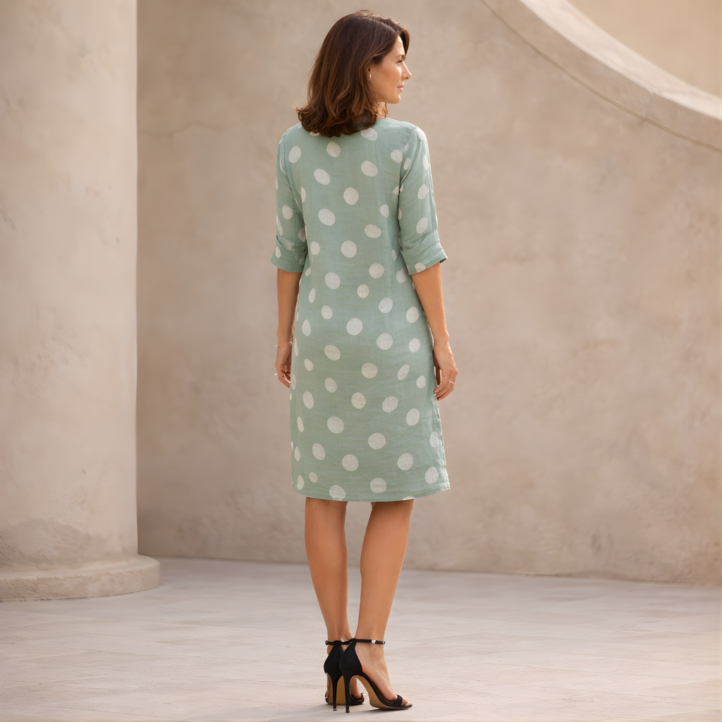 Linen Polka Dot V-Neck Mini Dress for Women - Casual Tunic Style