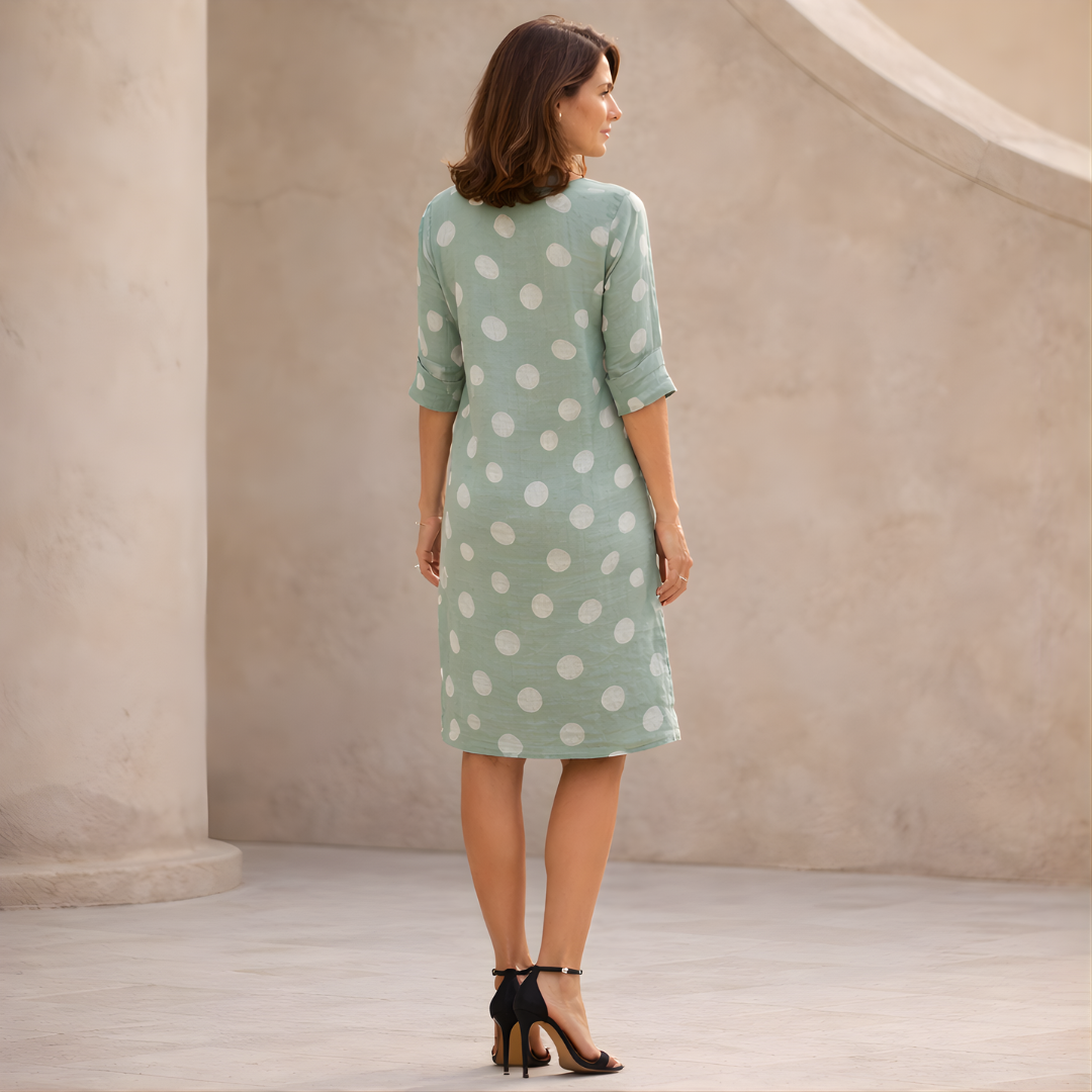 Linen Polka Dot V-Neck Mini Dress for Women - Casual Tunic Style