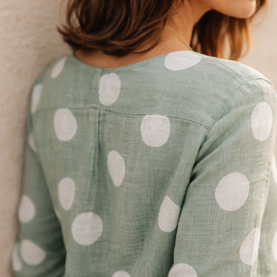 Linen Polka Dot V-Neck Mini Dress for Women - Casual Tunic Style