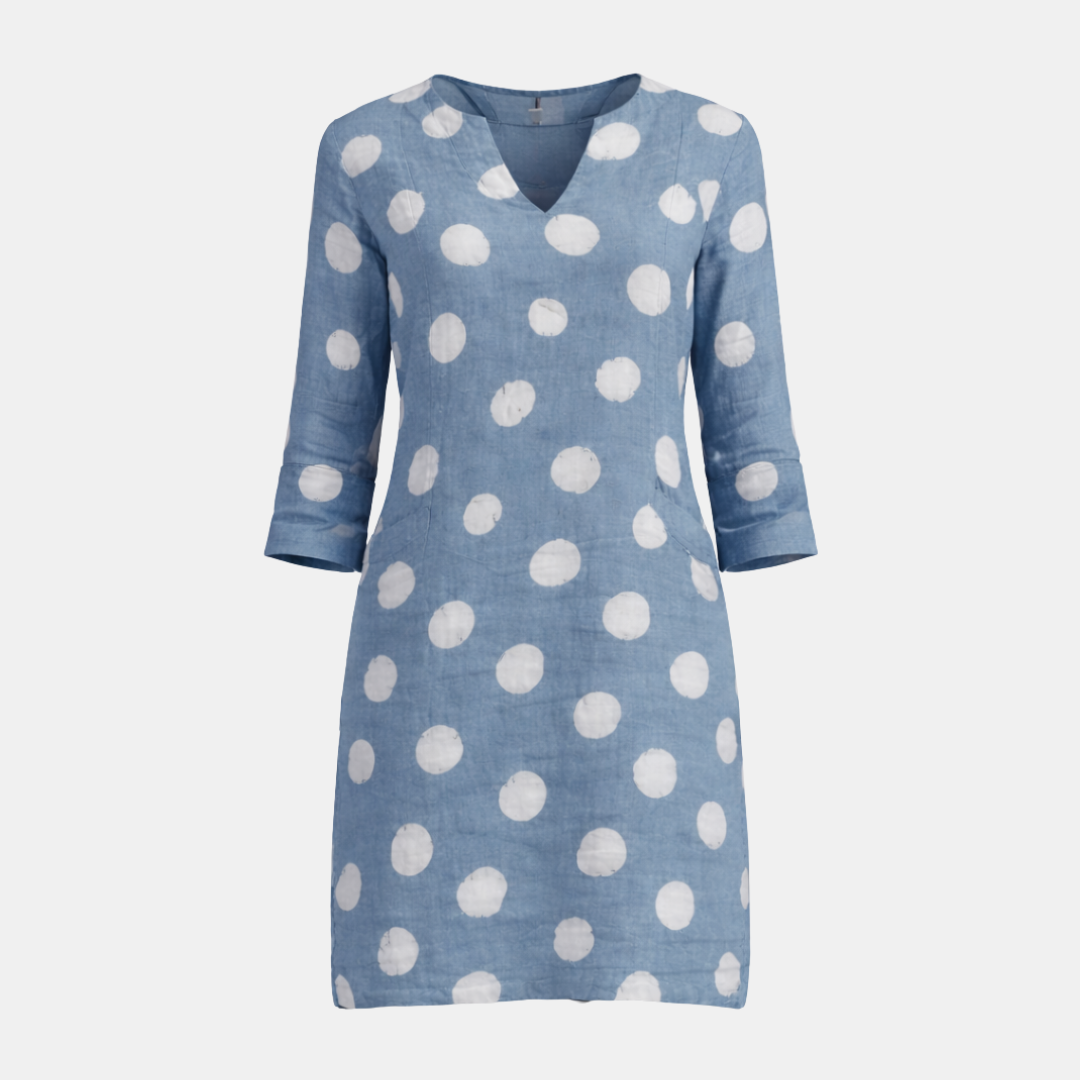 Linen Polka Dot V-Neck Mini Dress for Women - Casual Tunic Style