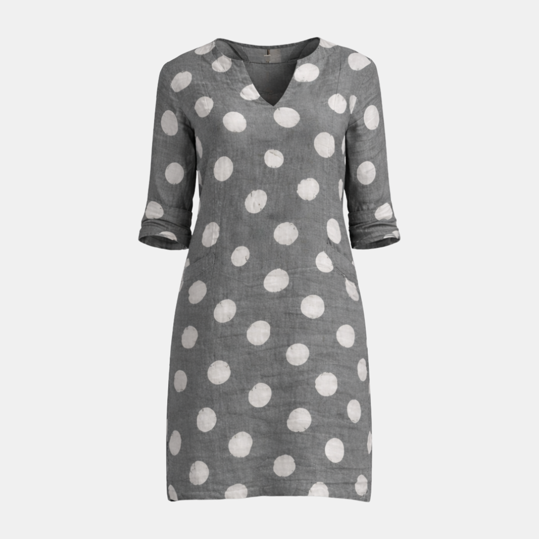 Linen Polka Dot V-Neck Mini Dress for Women - Casual Tunic Style