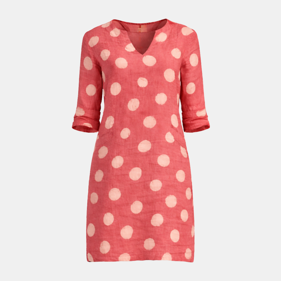 Linen Polka Dot V-Neck Mini Dress for Women - Casual Tunic Style