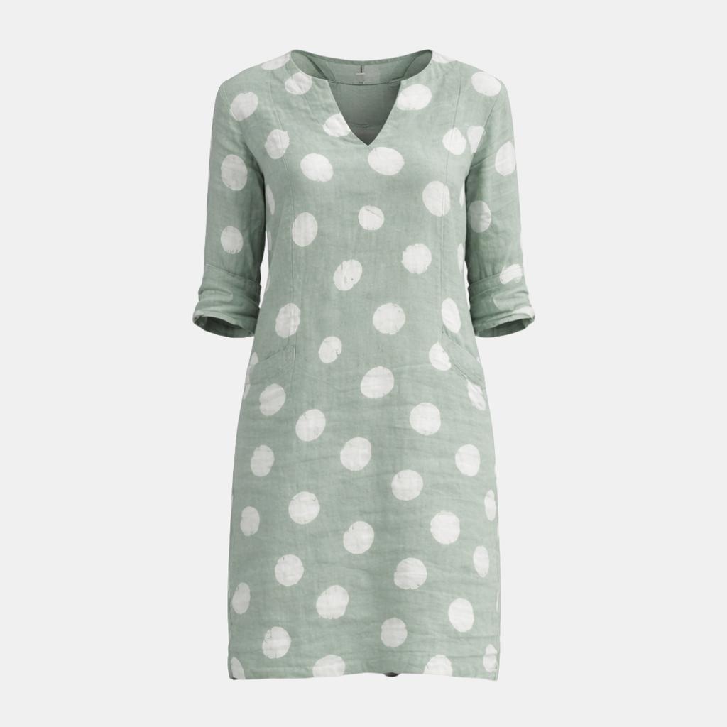 Linen Polka Dot V-Neck Mini Dress for Women - Casual Tunic Style