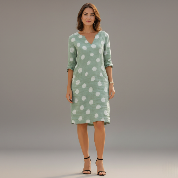 Linen Polka Dot V-Neck Mini Dress for Women - Casual Tunic Style