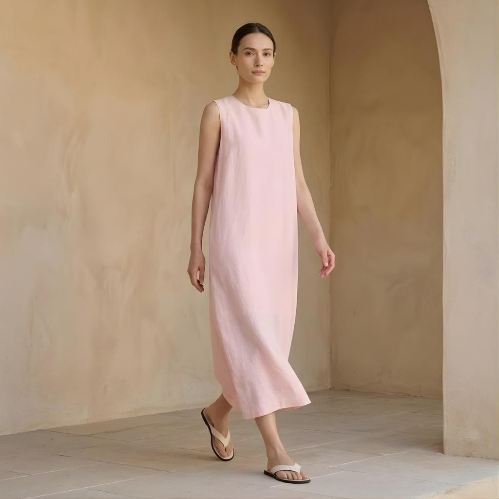 Linen Sleeveless Midi Dress for Women with Pockets - Minimalist Style