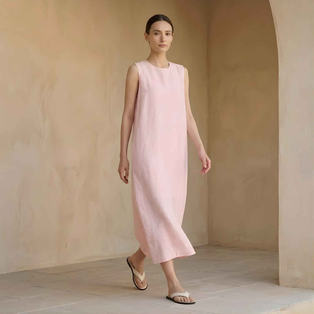 Linen Sleeveless Midi Dress for Women with Pockets - Minimalist Style