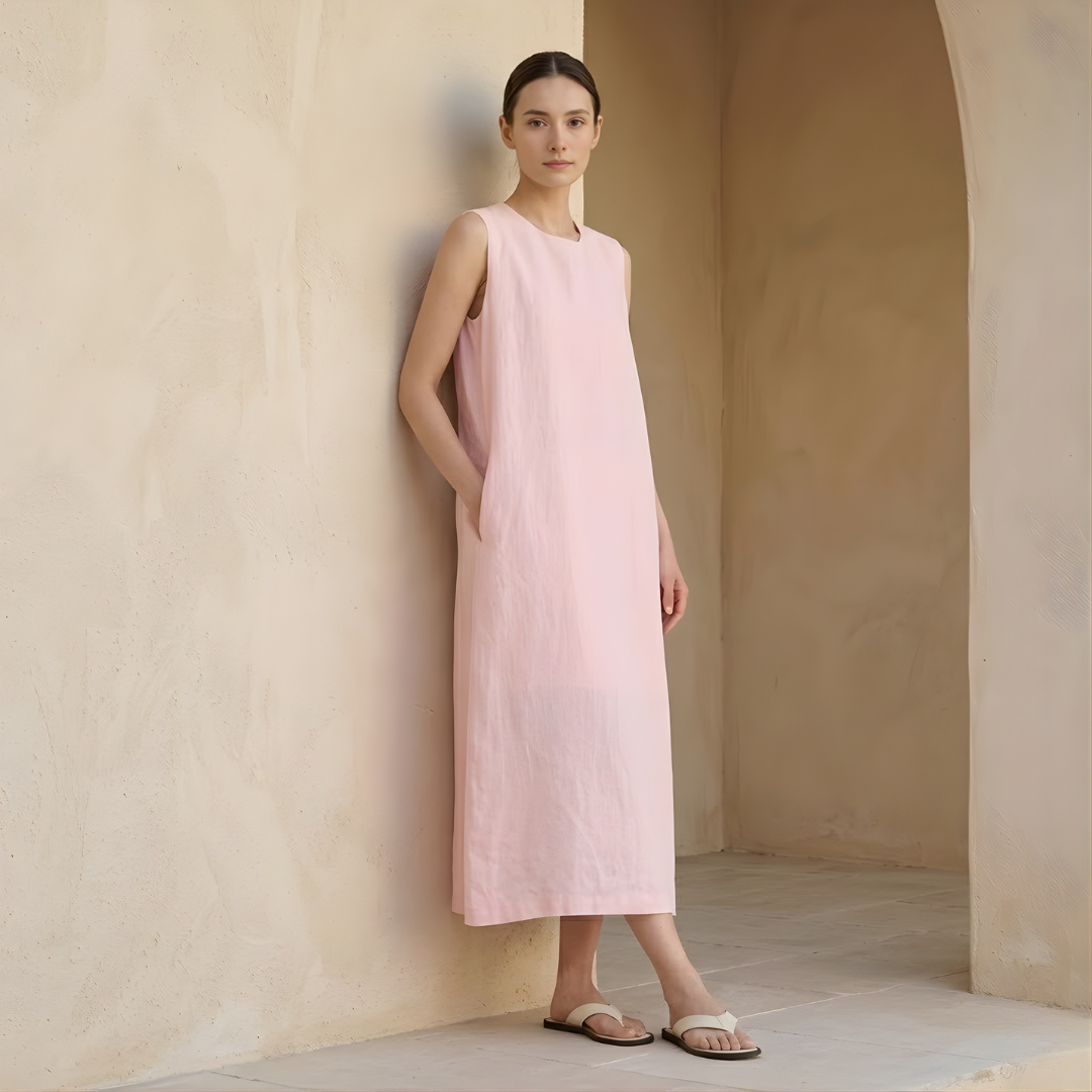 Linen Sleeveless Midi Dress for Women with Pockets - Minimalist Style