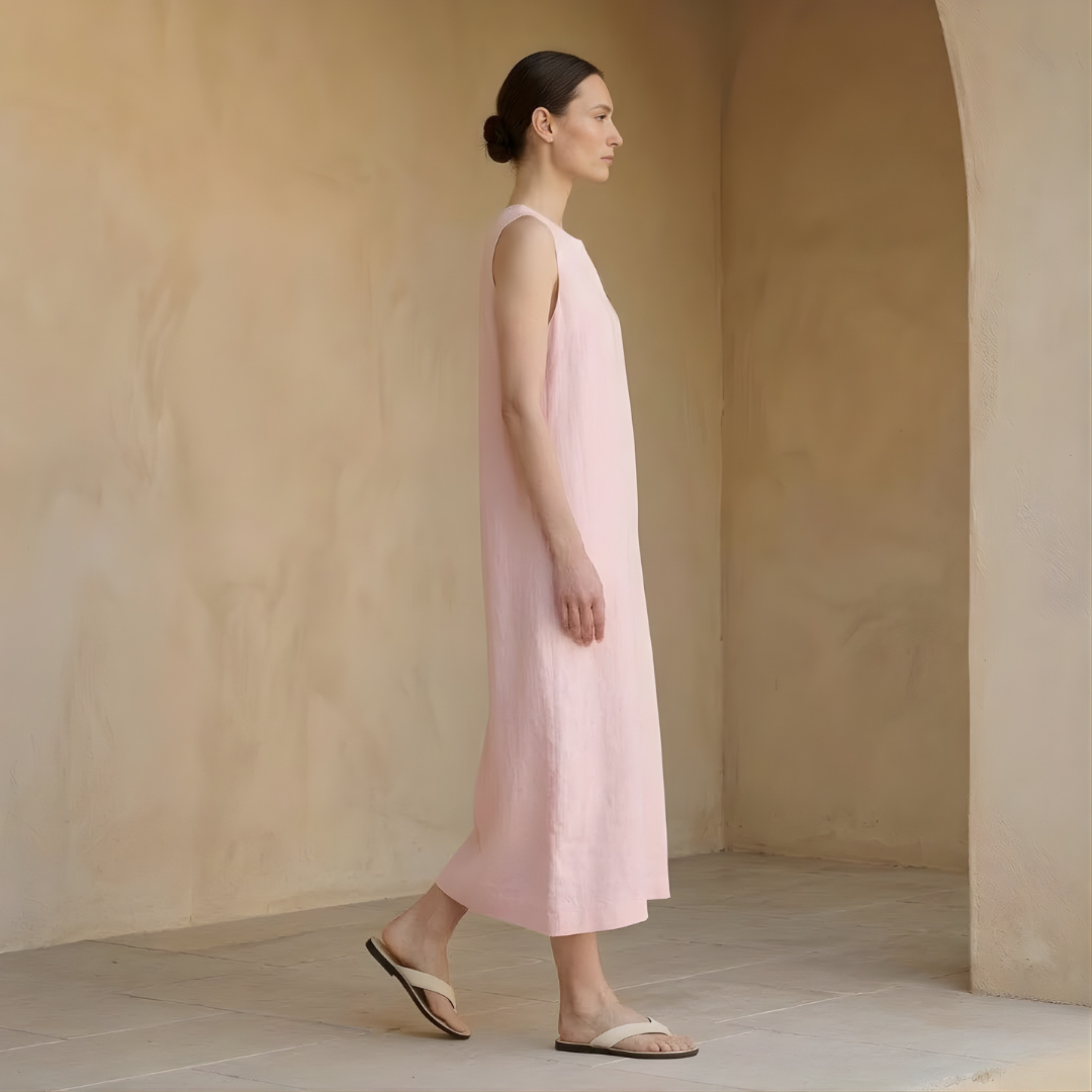 Linen Sleeveless Midi Dress for Women with Pockets - Minimalist Style