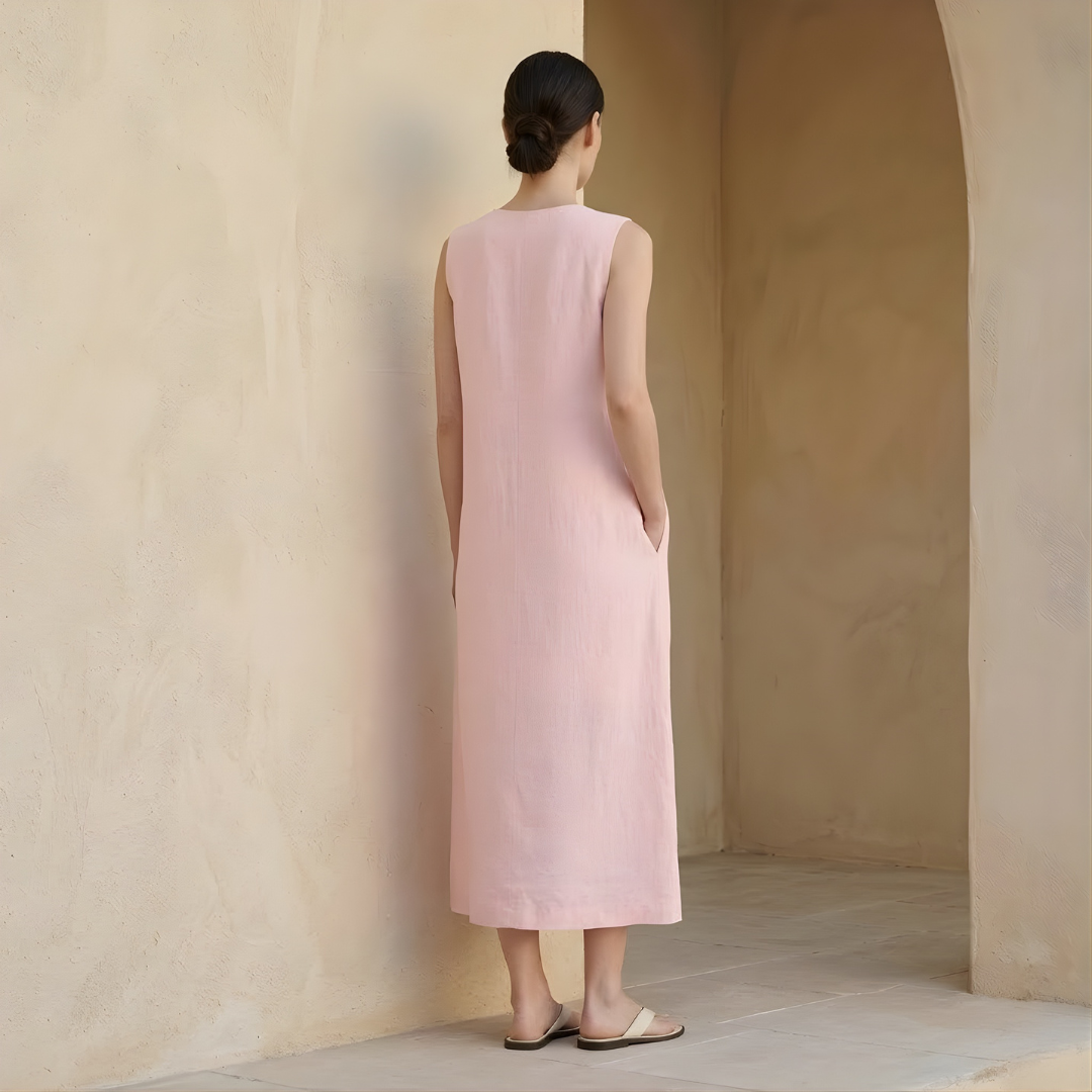 Linen Sleeveless Midi Dress for Women with Pockets - Minimalist Style