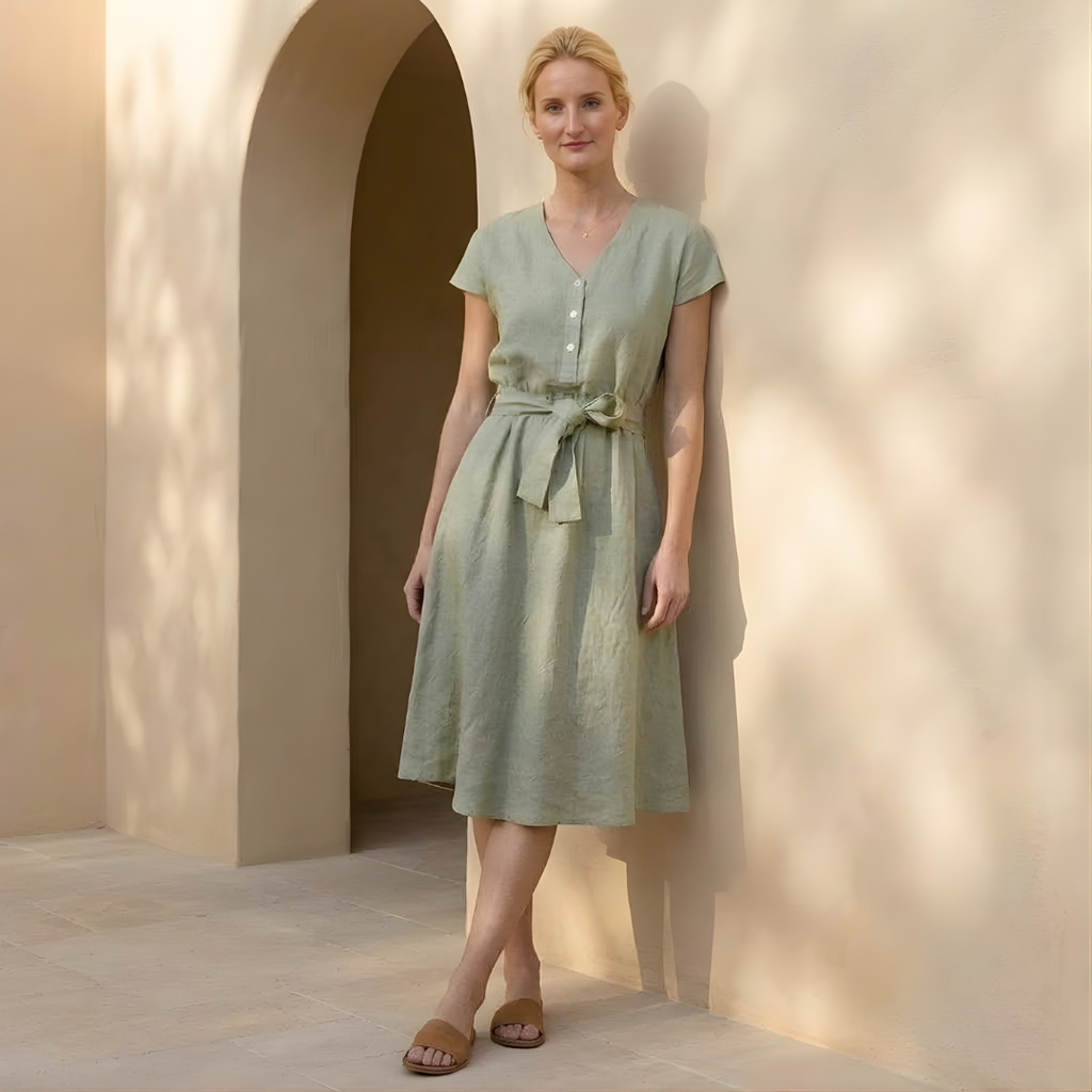 Linen V-Neck Midi Dress for Women with Tie Waist - Casual Summer Wear