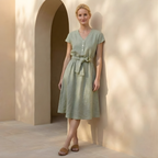 Linen V-Neck Midi Dress for Women with Tie Waist - Casual Summer Wear