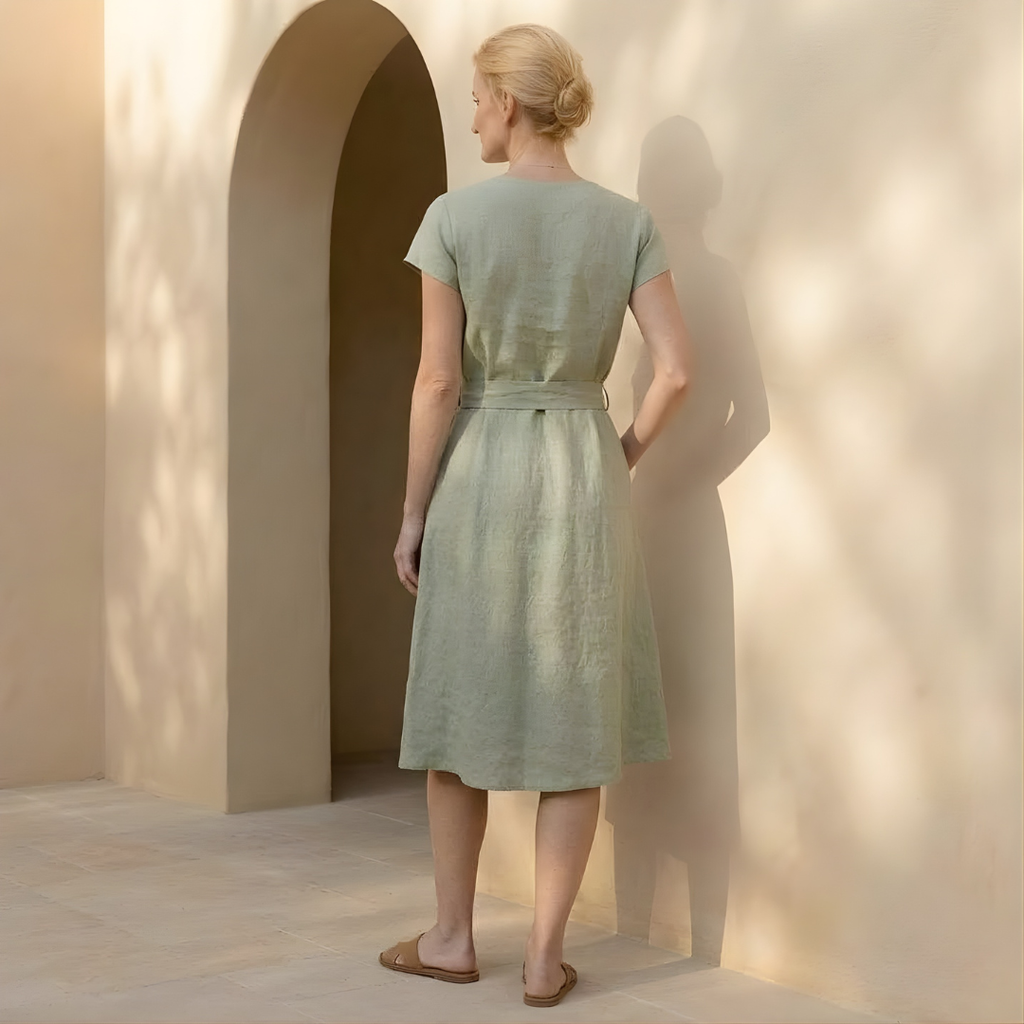 Linen V-Neck Midi Dress for Women with Tie Waist - Casual Summer Wear