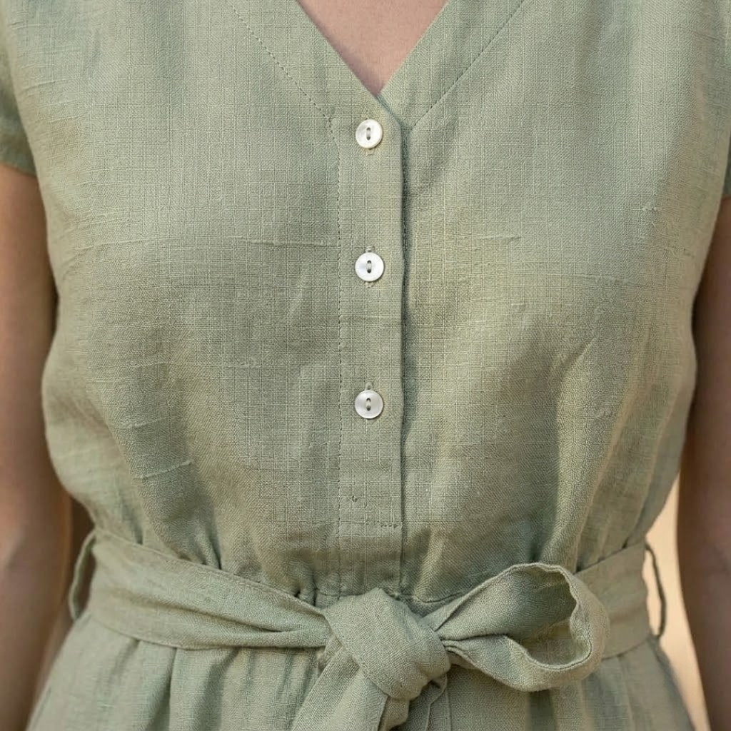 Linen V-Neck Midi Dress for Women with Tie Waist - Casual Summer Wear
