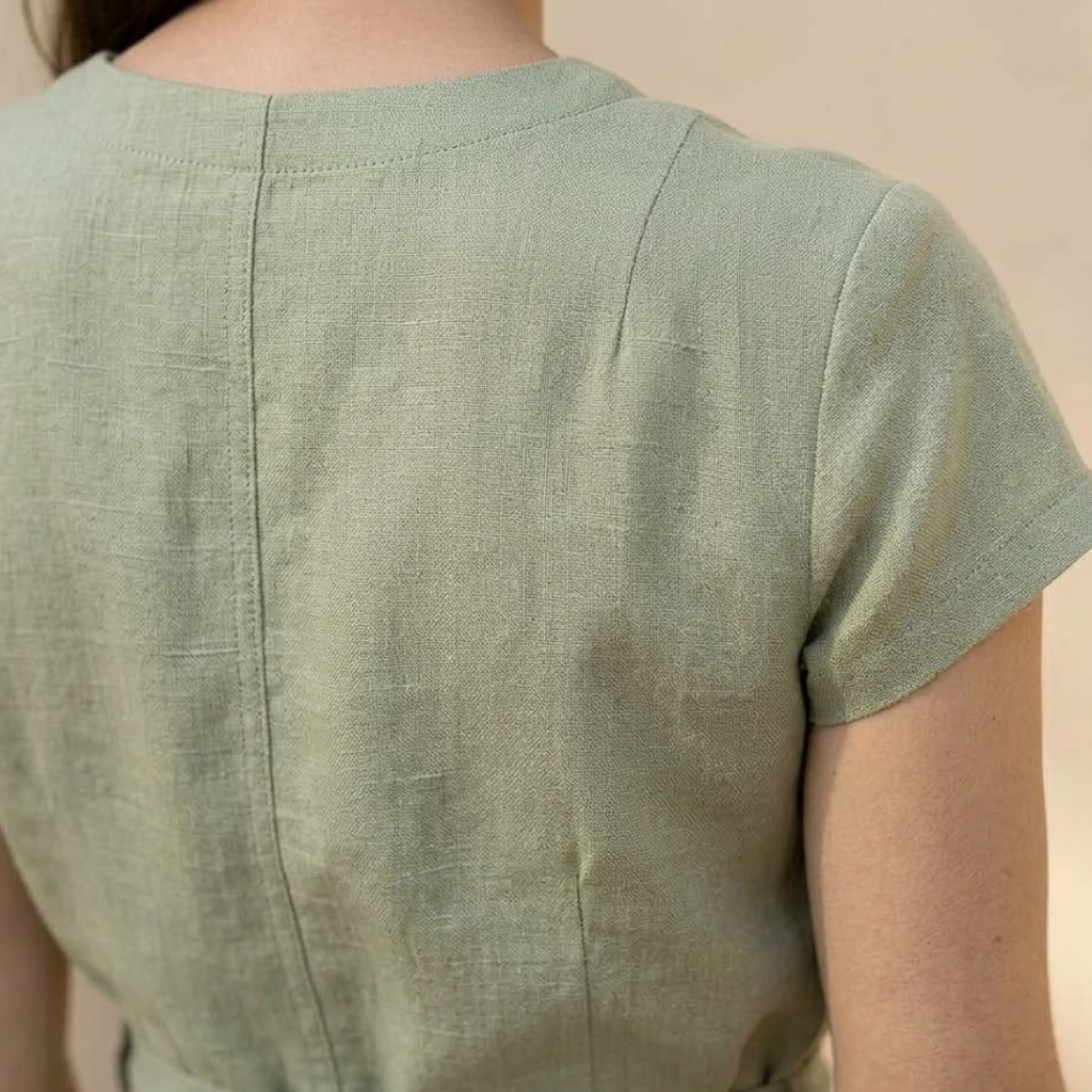 Linen V-Neck Midi Dress for Women with Tie Waist - Casual Summer Wear