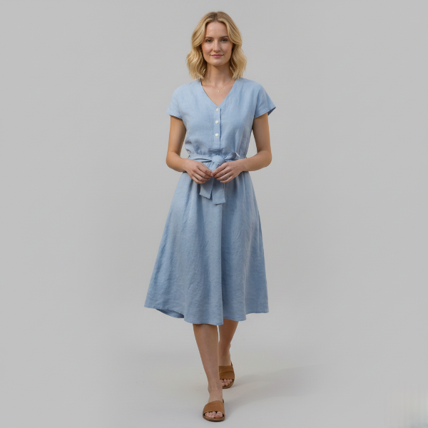 Linen V-Neck Midi Dress for Women with Tie Waist - Casual Summer Wear