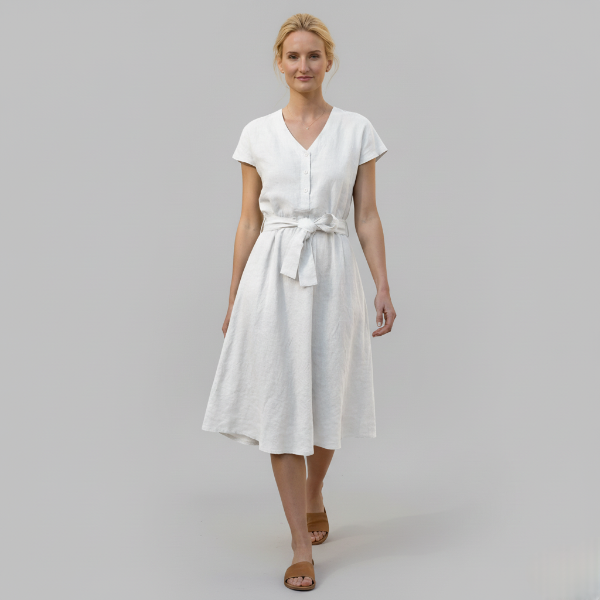 Linen V-Neck Midi Dress for Women with Tie Waist - Casual Summer Wear