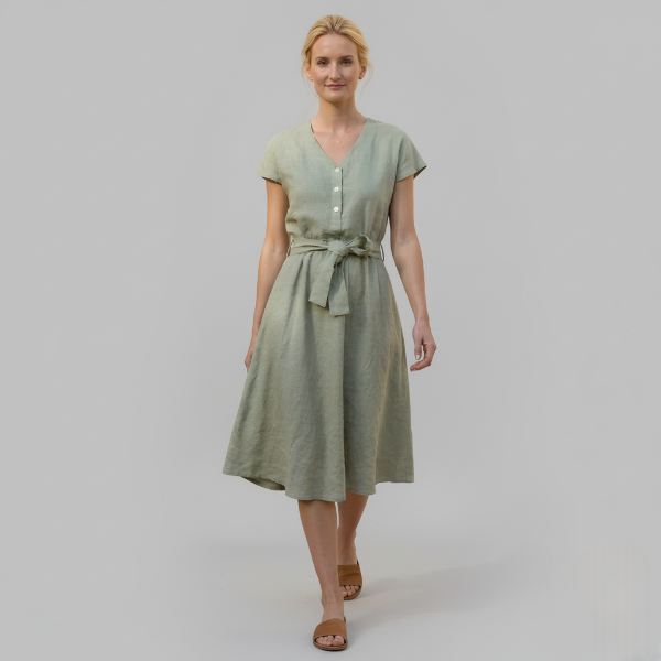 Linen V-Neck Midi Dress for Women with Tie Waist - Casual Summer Wear