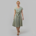 Linen V-Neck Midi Dress for Women with Tie Waist - Casual Summer Wear