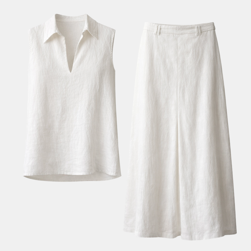 Linen Women's Co-ord Set - Sleeveless V-Neck Shirt & Skirt for Casual Wear